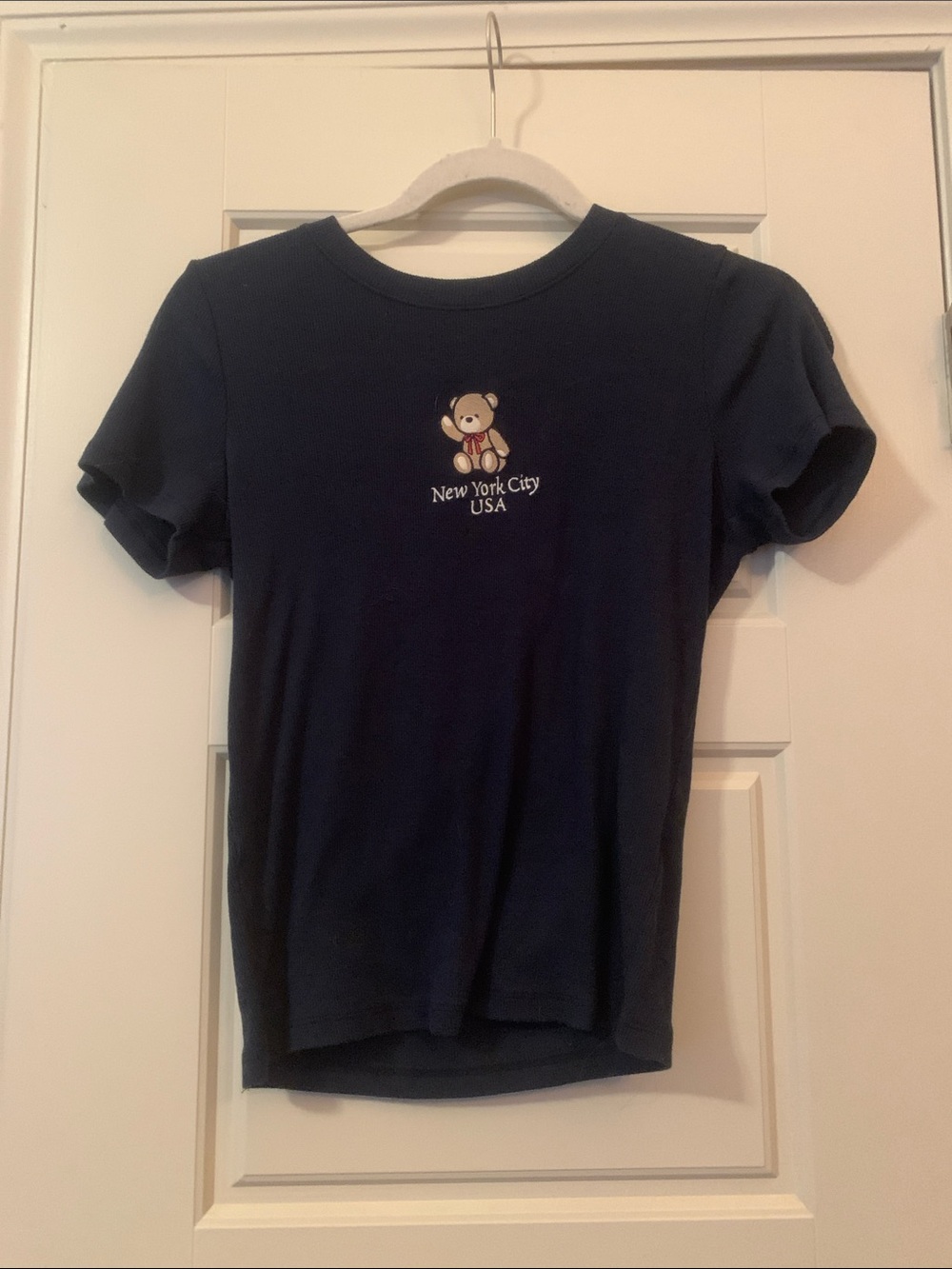 Women’s Hollister Navy Baby Tee with Teddy Bear Embroidery Size L